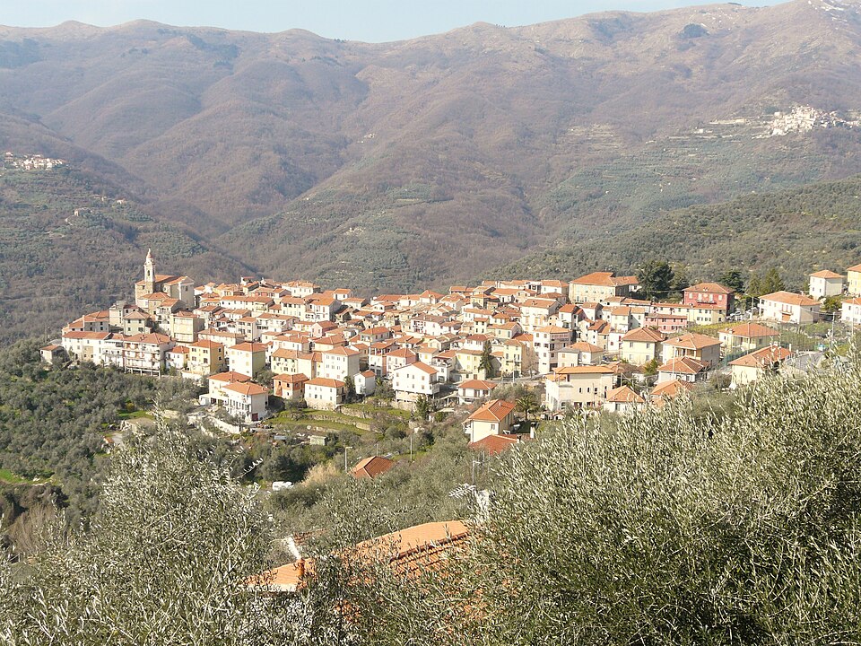Panoramic view of Aurigo village set against the Ligurian hills