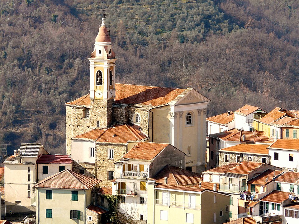 Wide panoramic view of Aurigo and the surrounding Ligurian valley landscape