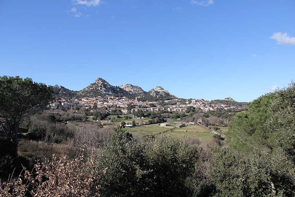 Panoramic view of Aggius village set among granite boulders in Gallura, Sardinia