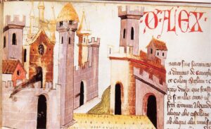 Immagine allegorica della città di Alessandria e di Bergoglio con in primo piano il ponte in legno sul fiume Tanaro. Su