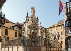 Scaliger Tombs in Verona. Tomb of Cansignorio the foreground, the Santa Maria Antica church and the tomb of Cangrande I