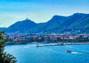 View to Como and its Harbour, Como, Province of Como, Region of Lombardy, Italy — Como