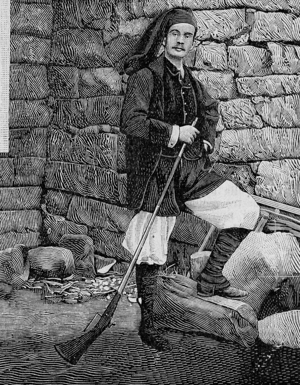 Historical xylograph illustration of traditional costume worn in Aggius, Sardinia