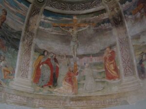 Affresco absidale della Crocefissione. Sullo sfondo, Tortoreto come appariva nei primi anni del '500. — Tortoreto