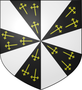 Gironné de sable et d'argent de dix pièces, chaque giron de sable chargé de trois croix recroisettées au pied fiché