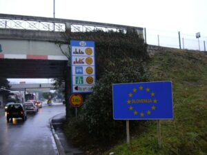 The border between Italy (Gorizia) and Slovenia (Nova Gorica).